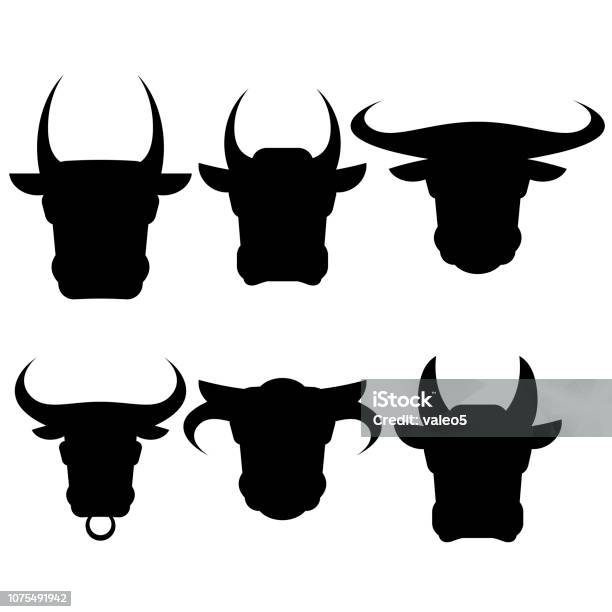 Set Of Bull And Cow Heads Silhouettes Isolated On White Background Stock Illustration - Download Image Now