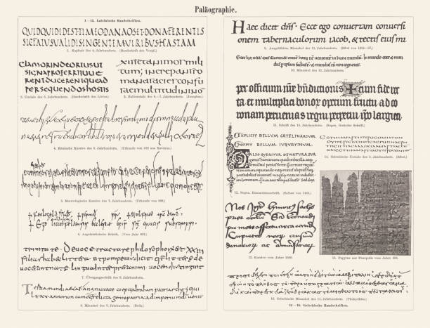 paleografia ( paleografia), faksymile, opublikowane w 1897 - manuscript medieval medieval illuminated letter old stock illustrations