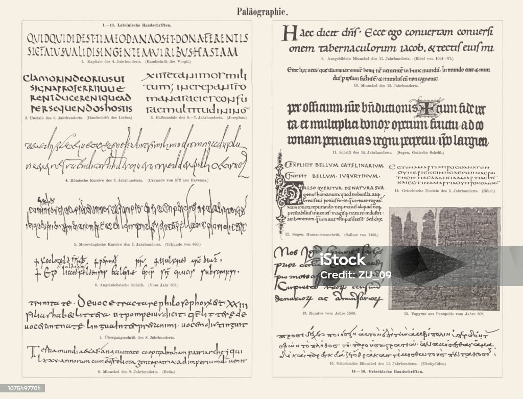 Palaeography (Paleography), facsimiles, published in 1897 Palaeography (Paleography) - study of ancient and historical handwriting: 1) Capitals letters from the 4th century (Manuscript of the Vergil); 2) Uncials from the 6th century (Manuscript of the Livius); 3) Half uncials from the 6th - 7th century (Josephus); 4) Roman cursives from the 6th century (certificate from Ravenna, Italy, 572 AD); 5) Merowinger cursives from the 7th century (certificate, 680 AD); 6) Anglo-Saxon script (803 AD); 7) Transition font from the 8th century; 8) Small letter (minuscule) from the 9th century (Beda); 9) Trained minuscule from the 11th century (Bible, 1094-97); 10) Small letter (minuscule) from the 12th century; 11) Font of the 14th century (so-called Gothic font); 12) So-called Humanist script (Sallust, 1466); 13) Cursives from 1500; 14) Greek uncials from the 5th century (Bible); 15) Papyrus from Panopolis (608 AD); 16) Greek minuscule from the 11th century (Thukydides). 1 - 13) Latin manuscripts, 14 - 16) Greek manuscripts. Facsimiles, published in 1897. Handwriting stock illustration