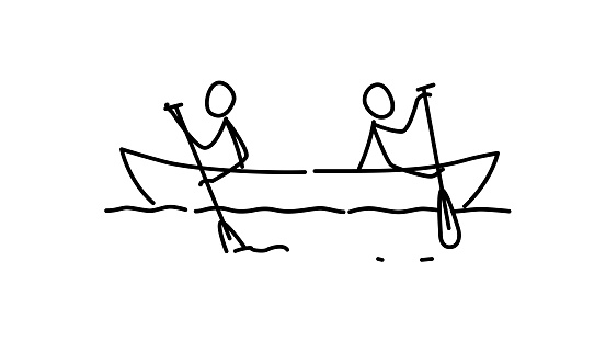 Illustration of two men in a boat. Vector. Each team in their own way. Conflict of interest. Metaphor. Contour picture. Leader race. Ambitions bosses.