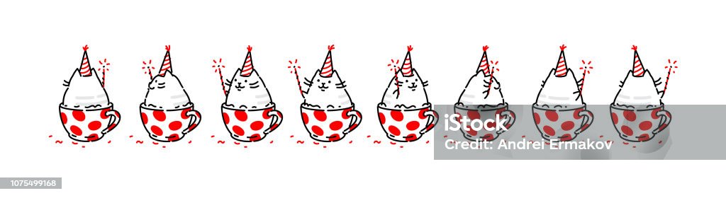 Sprite cartoon character of the cat. Set of different poses of the character in the vector. A looped animation of the rotation of the seal in the cup. Animation for a game or a cartoon. Kitty the wizard sits in a cup. Mascot. Animal stock vector