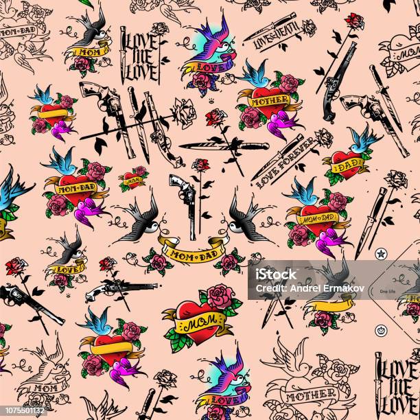 Tattoo Illustration Gun Knife And Rose Vector Cold And Firearms Gothic The Style Of The Old American School Heart With A Swallow And Inscriptions Pattern Ornament For Fabric Stock Illustration - Download Image Now
