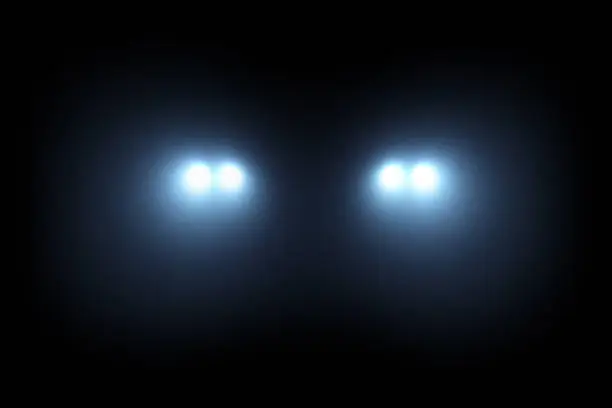Car head lights shining from darkness background. Raster illustration lightning template.