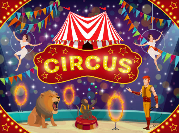 illustrazioni stock, clip art, cartoni animati e icone di tendenza di addestratore di animali da circo e acrobati. spettacolo di carnevale - women circus acrobat gymnastics