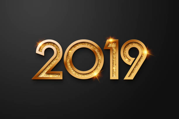 istock Creative, new design inscription 2019 gold numbers on a dark background. Happy New Year. Merry Christmas. 1075513482