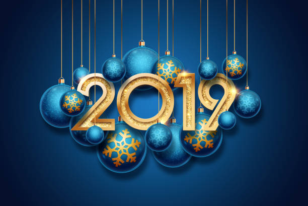 istock Creative, new design Blue, Golden 2019 New Year background with christmas balls. Festive glittering decoration. Greeting card .. Happy new year. Merry Christmas. 1075513504