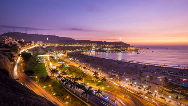 Panoramic view of Aguadulce beach in the sunset Panoramic view of Aguadulce beach in the sunset, Chorrillos, Lima, Peru. lima peru stock pictures, royalty-free photos & images