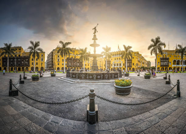 Antique iron pool of the main square of Lima, Peru. stock photo
