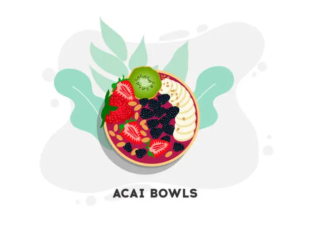 Vector illustration of Healthy and colorful breakfast acai smoothie bowl with fruit toppings. Berry smoothie bowl with chia seeds, bananas, kivi,  blackberry and raspberries on white background