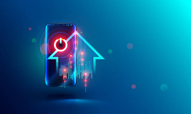 Smart home logo on screen mobile phone. Smartphone controls power of households devices. Smart home abstract concept. intelligence system power button on screen mobile phone. Smartphone controls power of households devices. Abstract illustration about home automation. iot logo stock illustrations