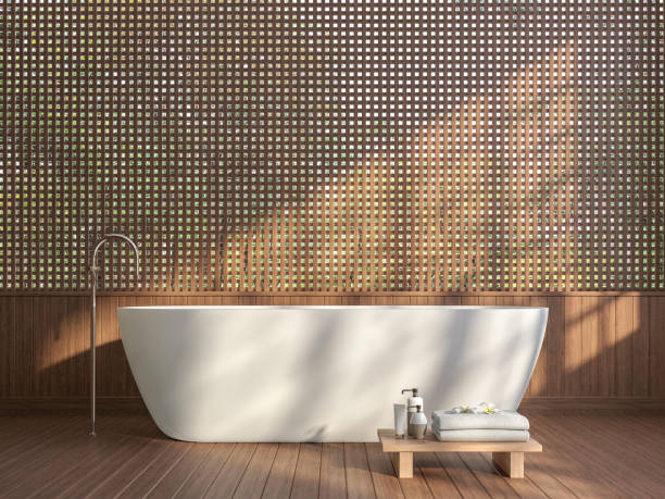 Modern contemporary bathroom with wood lattice wall 3d render.