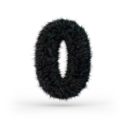Uppercase fluffy and furry black font. Digit zero. 3D rendering
