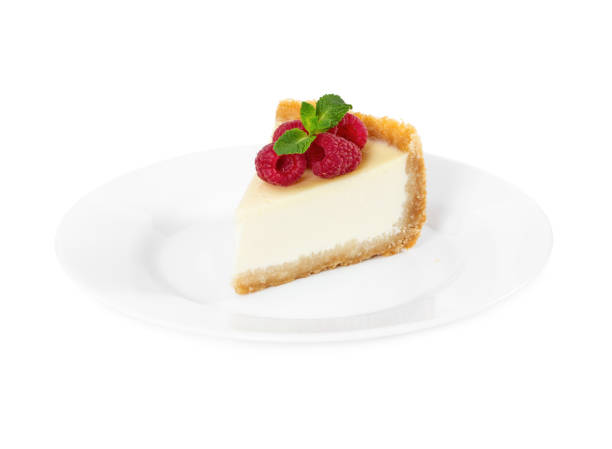 istock Piece of cheesecake with raspberries and mint on white plate 1075539952