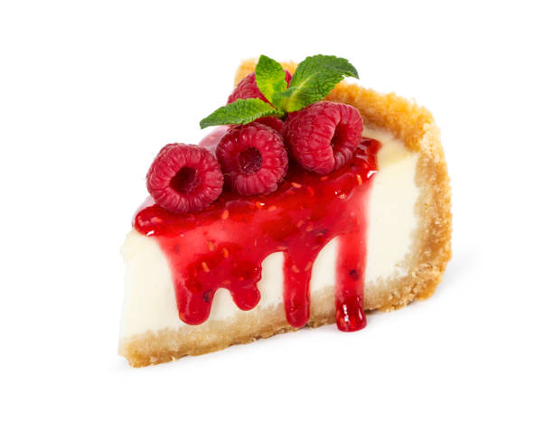 istock Piece of cheesecake with raspberries and mint isolated on white 1075539956