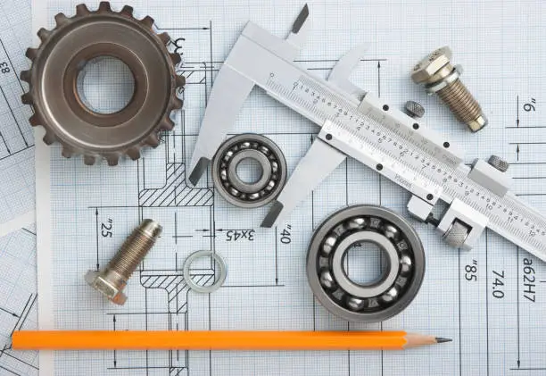 Photo of technical drawing and caliper with bearing