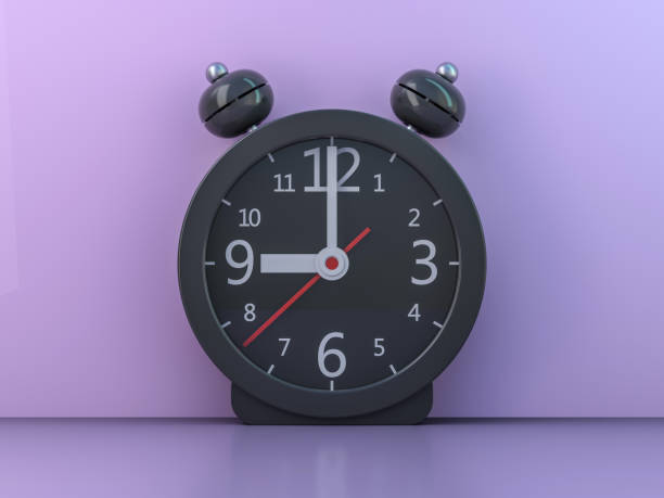 istock Alarm black clock isolated on purple background. 3D 1075543724