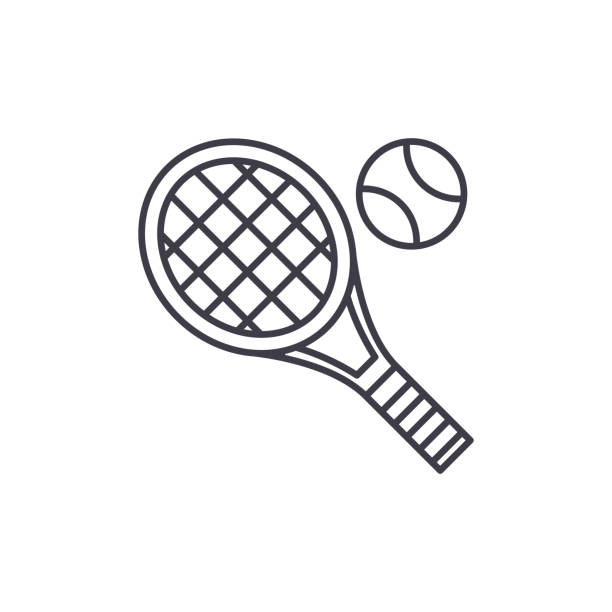 ilustraciones, imágenes clip art, dibujos animados e iconos de stock de concepto de icono de línea de raqueta de tenis. ilustración linear de tenis raqueta vector, símbolo, signo - tennis court tennis ball racket