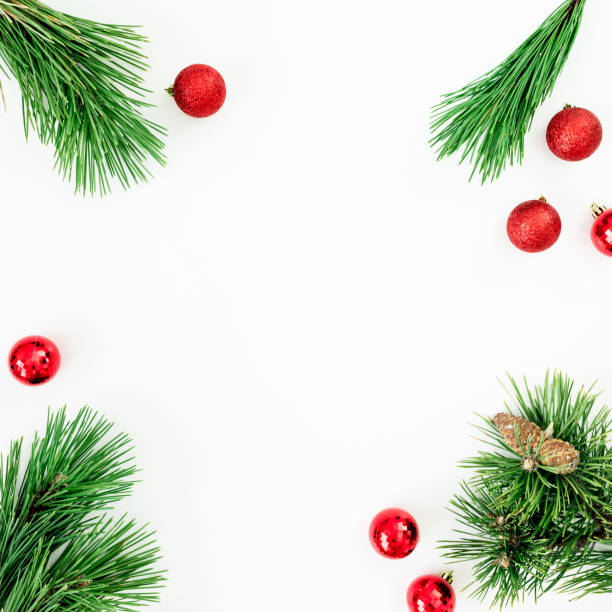 istock Christmas frame made of evergreen tree branches and balls decoration on white background. Flat lay, top view 1075562710