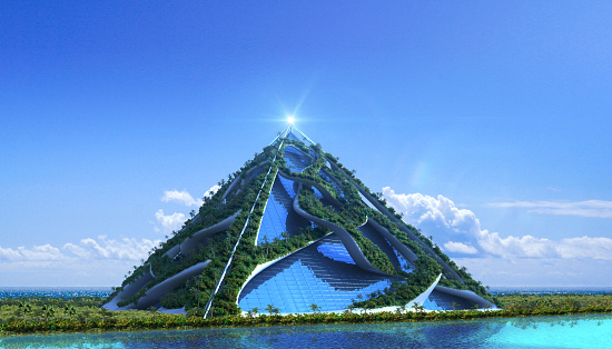 3D futuristic green architecture with a glass pyramid enclosed in vine-like structures covered with trees and a vertical garden, against a marina skyline, for fantasy or science-fiction illustrations.