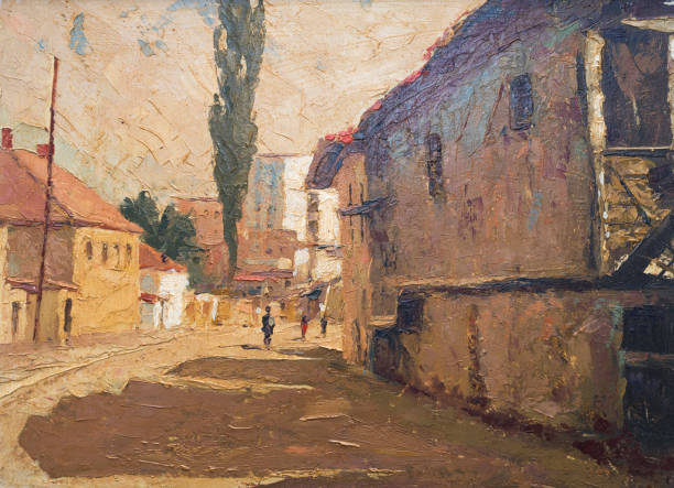 lukisan minyak yang menunjukkan jalan kota dan orang-orang - impresionisme ilustrasi stok