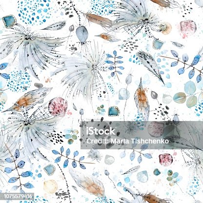 istock Vector  seamless pattern painted with ink and watercolor of different colors with typical elements for the boho style, such as feathers, shells, flowers, splashes and spots and jewelery made of stones. 1075579416