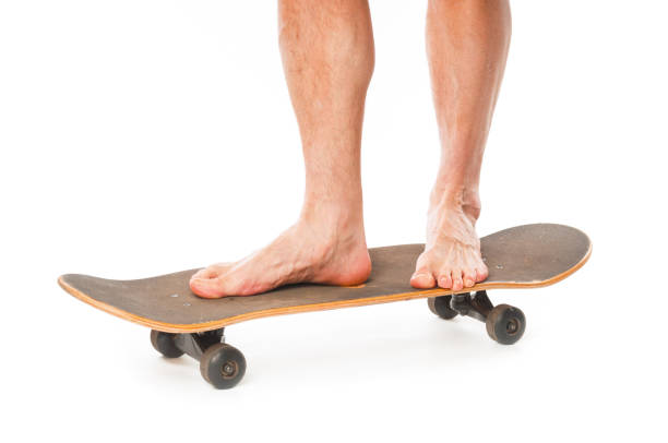 istock Man`s skateboarder legs close up isolated on white background 1075583446