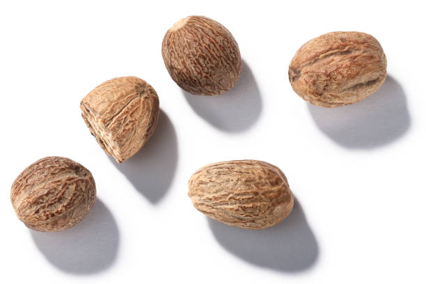 Whole nutmegs seeds of M. fragrans, top, paths Nutmeg (seeds of Myristica fragrans), whole, top view nutmeg stock pictures, royalty-free photos & images