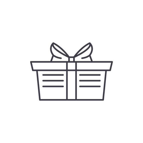 ilustraciones, imágenes clip art, dibujos animados e iconos de stock de concepto de icono de línea de canasta de regalo envuelto. cesta de regalo envuelto vector ilustración linear, símbolo, signo - cesta de navidad