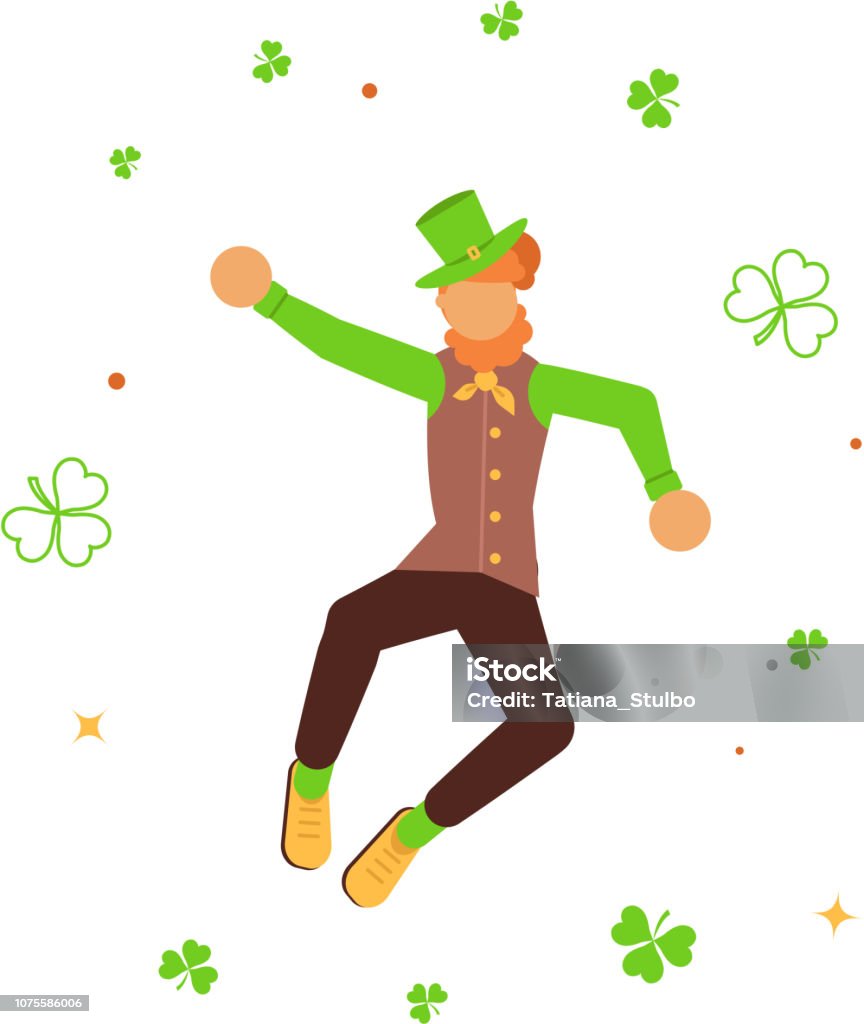 Cute cartoon leprechaun dancing amongst shamrock. St Patricks Day banner. Cute cartoon leprechaun dancing amongst shamrock. Vector illustration eps 10 Adult stock vector