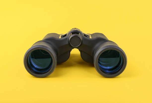 노란 배경에 쌍안경 - isolated on yellow magnifying glass searching glass 뉴스 사진 이미지