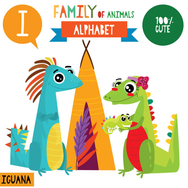 list i-mega duży zestaw. ładny alfabet wektorowy z rodziną zwierząt w stylu kreskówki. - iguana family stock illustrations