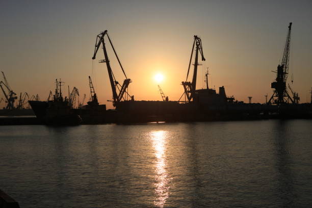 istock Sea ​​port cranes at sunset 1075596812