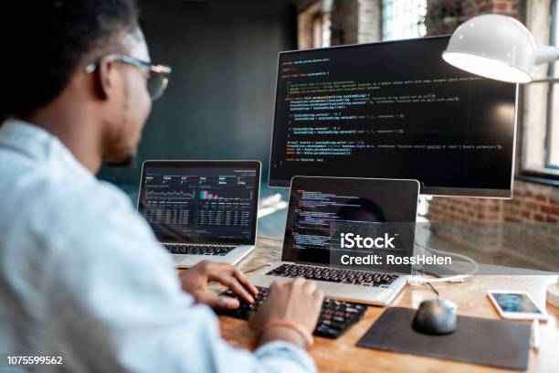 Programmer Working With Program Code Stock Photo - Download Image Now - Technology, Coding, Computer Programmer