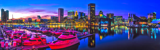 Baltimore, MD Harbor Dusk Baltimore, MD Harbor Dusk baltimore maryland stock pictures, royalty-free photos & images
