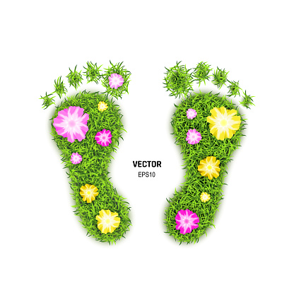 3d Vector Illustration with Foot Print Made of Green Grass and Flowers. Footprint Icon or Barefoot Eco Wildlife Symbol Isolated on White Background