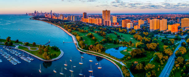 Chicago,IL Lakefront Aerial Sunrise & Sid Marovitz Public Golf Course stock photo