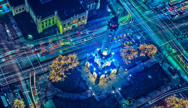 chicago,il water tower, aerial - water tower imagens e fotografias de stock