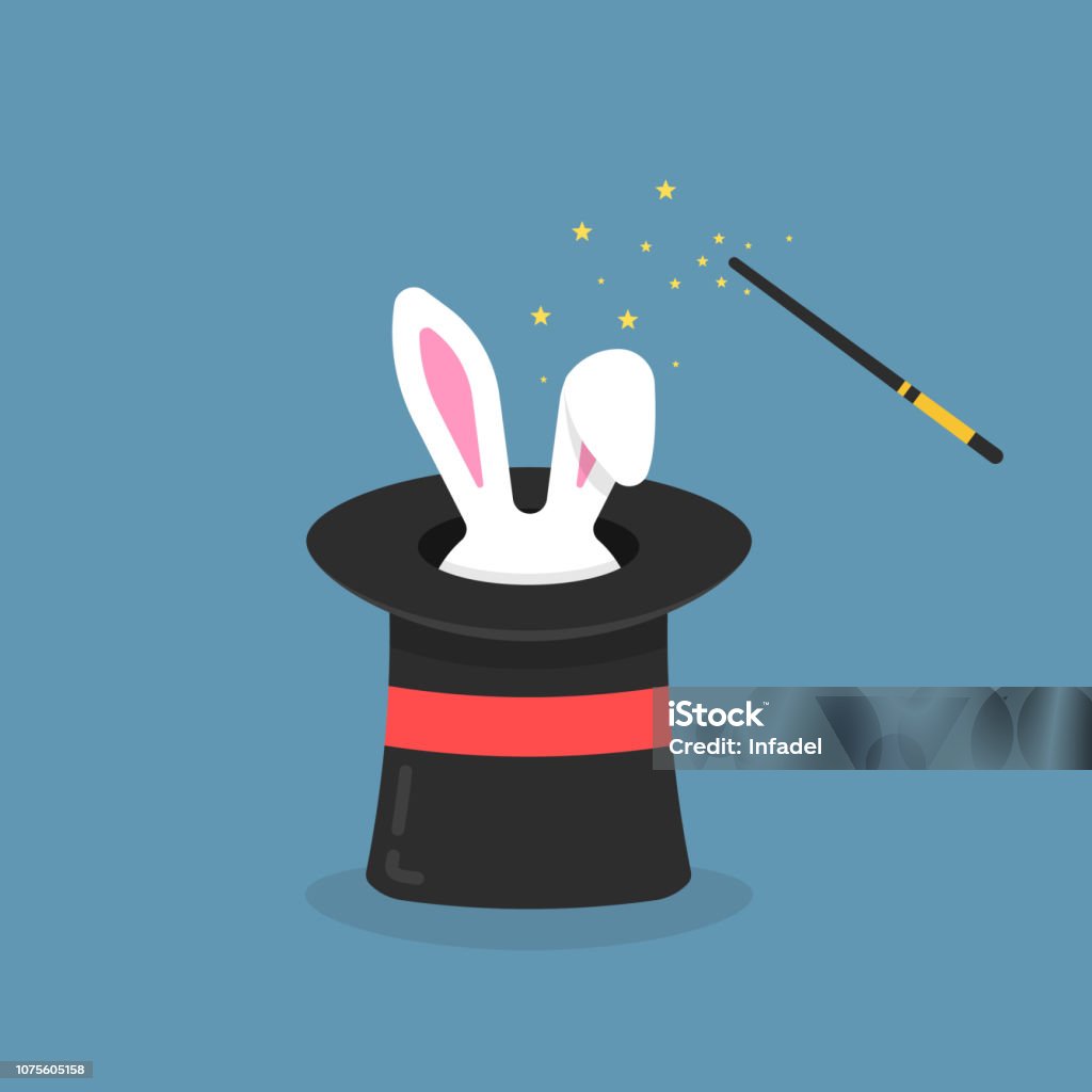 black magic hat with bunny ears black magic hat with bunny ears. entertainment party or beautiful circus show concept, imagination cylinder with gift animal isolated on blue background. flat style trend graphic poster design Magician stock vector