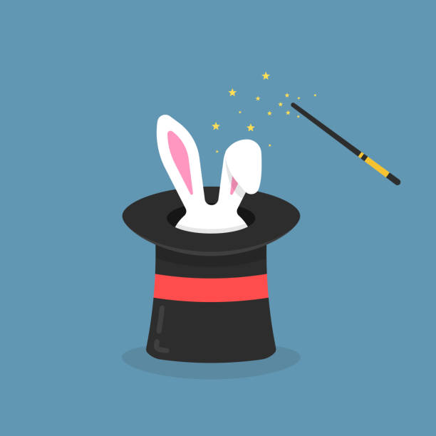 black magic hat with bunny ears black magic hat with bunny ears. entertainment party or beautiful circus show concept, imagination cylinder with gift animal isolated on blue background. flat style trend graphic poster design warnock stock illustrations