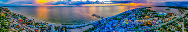 Fort Myers Beach Sunset Aerial Looking West, FL stock photo