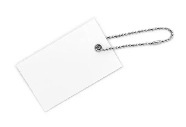 White paper label with silver metal chain isolated on white (excluding the shadow)