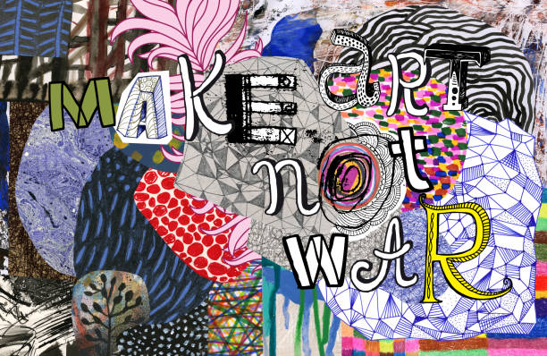 Make art not war text on colourful pattern background Collage of mixed media patterns/artworks with text. Concept:anti war message pics of a letter t in cursive stock illustrations