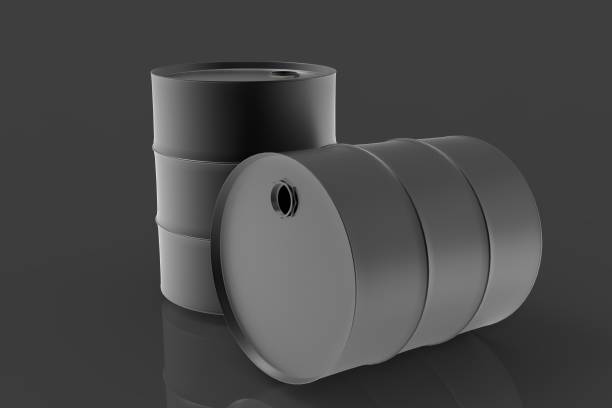istock Two Black Metal Industrial Oil Barrels 3D rendering 1075633620