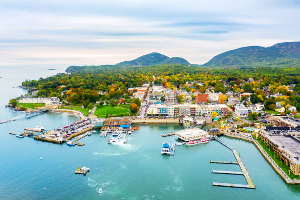 Aerial view of Bar Harbor, Maine Aerial view of Bar Harbor, Maine. Bar Harbor is a town on Mount Desert Island in Hancock County, Maine and a popular tourist destination. maine stock pictures, royalty-free photos & images
