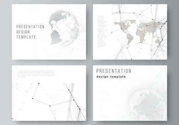 Vector illustration of Vector layout of the presentation slides design business templates. Futuristic geometric design with world globe, connecting lines and dots. Global network connections, technology digital concept.