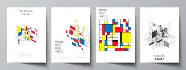 Vector illustration of The vector layout of A4 format modern cover mockups design templates for brochure, flyer, booklet, annual report. Abstract polygonal background, colorful mosaic pattern, retro bauhaus de stijl design.