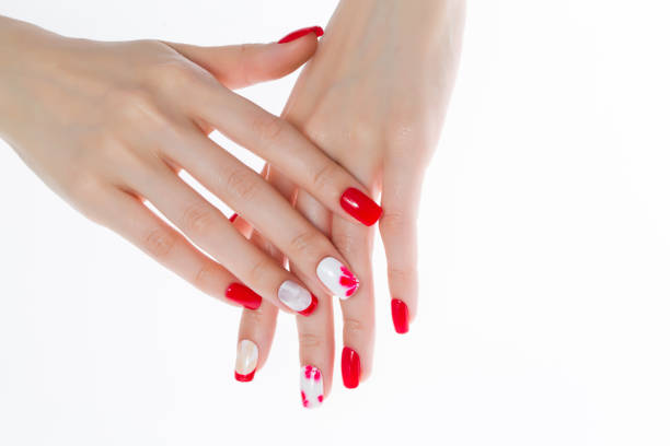 Beautiful Woman Red Nail. Female Hand with Red Nails Manicure Isolated On White Wall Background Great for Any Use.