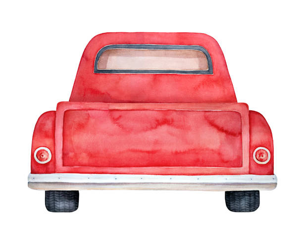 ilustrações de stock, clip art, desenhos animados e ícones de back view of bright red retro pickup. creative background for any text message, invitation, greeting card, poster, personalized print. - pick up truck red old 4x4