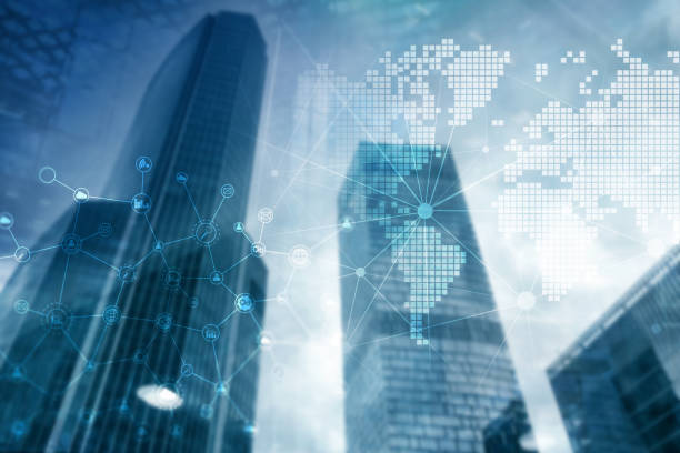 istock Double exposure mixed media. Diagrams, icons and relations structure on hologram screen. Business people and modern city on background. 1075672068