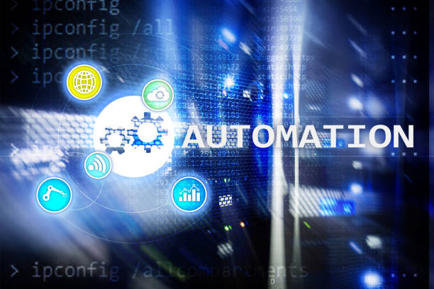 istock Automation of business Process and innovation technology in manufacturing. Internet and technology concept on server room background. 1075672590